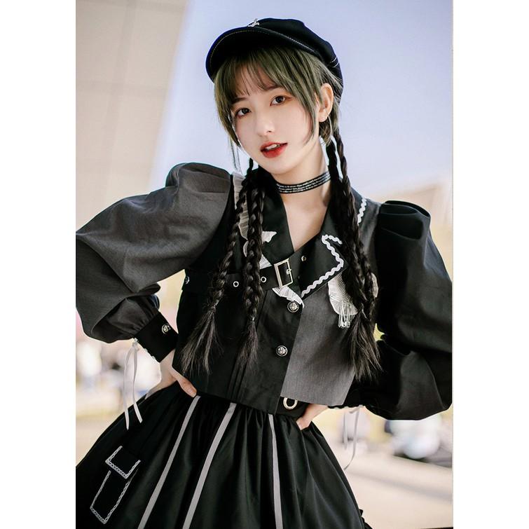 【預購】lolita搖滾車手 蕾絲邊愛心荷葉邊反光條綁帶蝴蝶結羊腿袖長袖上衣&半身裙套裝 日系硬妹 暗黑哥德蘿莉塔-細節圖9