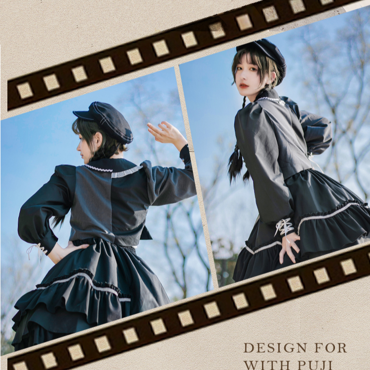 【預購】lolita搖滾車手 蕾絲邊愛心荷葉邊反光條綁帶蝴蝶結羊腿袖長袖上衣&半身裙套裝 日系硬妹 暗黑哥德蘿莉塔-細節圖10