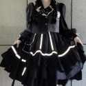 【預購】lolita搖滾車手 蕾絲邊愛心荷葉邊反光條綁帶蝴蝶結羊腿袖長袖上衣&半身裙套裝 日系硬妹 暗黑哥德蘿莉塔-規格圖11