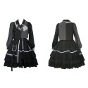 【預購】lolita搖滾車手 蕾絲邊愛心荷葉邊反光條綁帶蝴蝶結羊腿袖長袖上衣&半身裙套裝 日系硬妹 暗黑哥德蘿莉塔-規格圖11