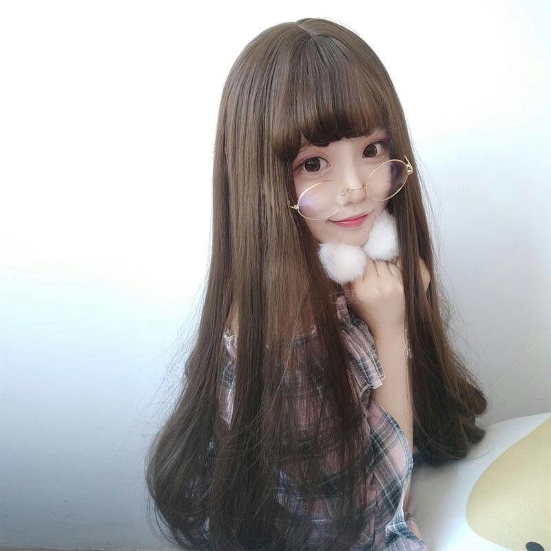 【預購】黑色網紅可愛長直發假髮女空氣劉海長髮及腰Lolita長卷髮全頭模式-細節圖3