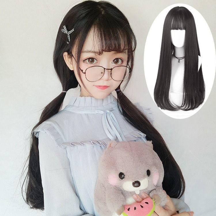 【預購】黑色網紅可愛長直發假髮女空氣劉海長髮及腰Lolita長卷髮全頭模式-細節圖9