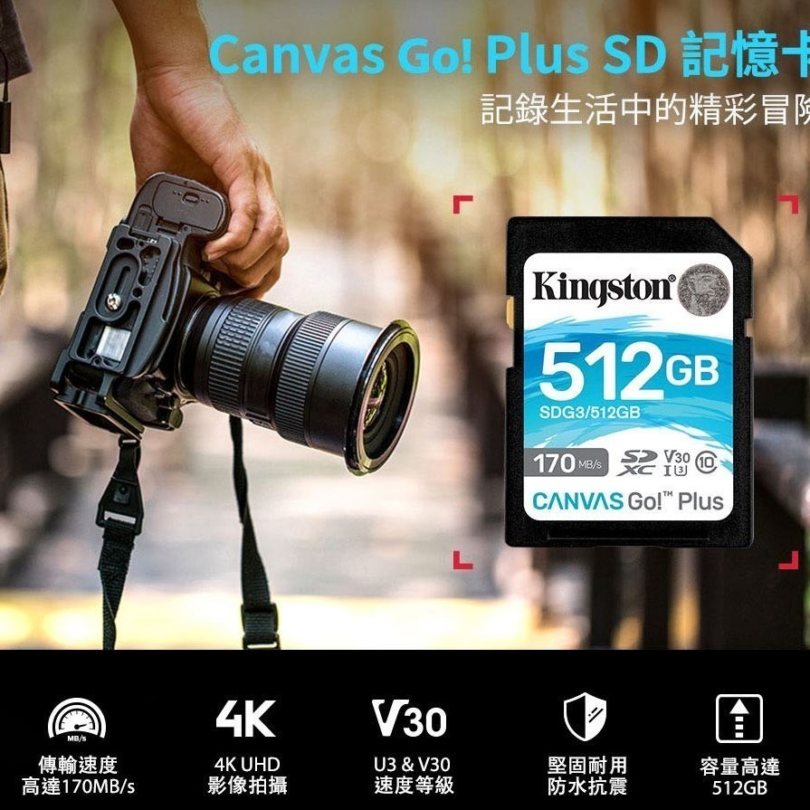 金士頓 Canvas Go!Plus SD 記憶卡 V30 U3 SDXC 高速 (SDG3/128GB)-細節圖2