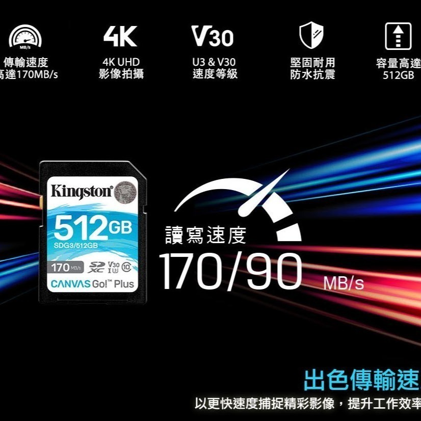 金士頓 Canvas Go!Plus SD 記憶卡 V30 U3 SDXC 高速 (SDG3/128GB)-細節圖3