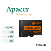 Apacer 宇瞻 microSDXC 64GB 記憶卡 UHS-I U3 V30 A2 符合行車紀錄 遠端實時監控應用