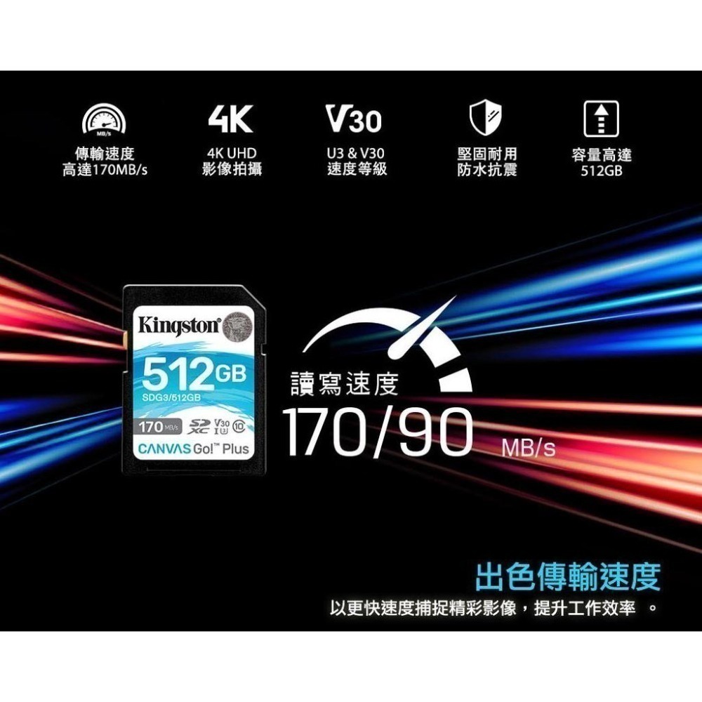 金士頓 Canvas Go!Plus V30 SD 記憶卡 UHS-I U3 SDG3 512GB 1TB-細節圖3