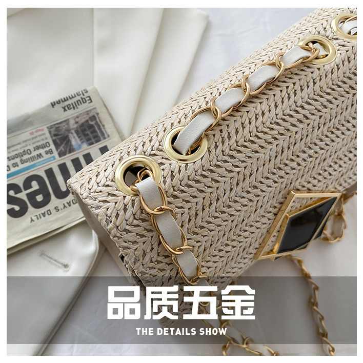 草編小方包 鏈條斜挎包 側背包 斜挎包 肩背包 學生包 時尚小方包 手拿包-細節圖3
