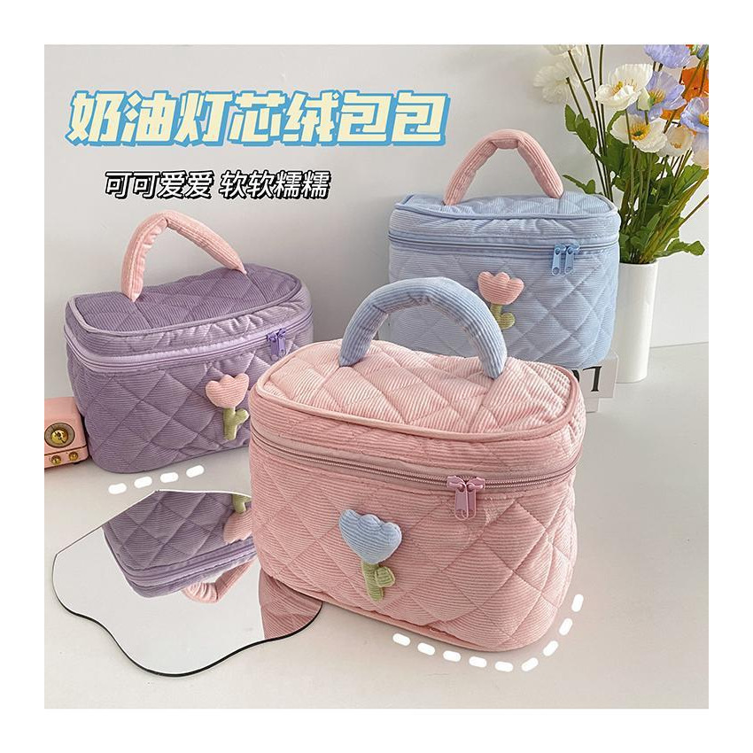 化妝包 高級感燈芯絨化妝包 大容量 化妝品收納包 收納包 可愛洗漱包 手提包-細節圖7