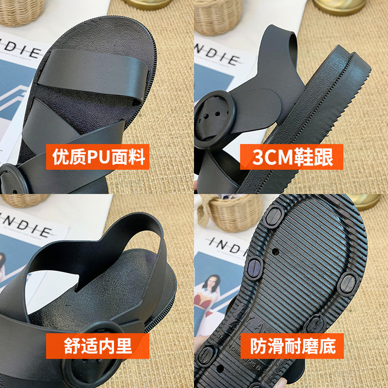 涼鞋 一字帶羅馬 可愛學生純色涼拖鞋 女韓版簡約學生沙灘鞋 低跟涼鞋 跟鞋 正韓涼鞋-細節圖4