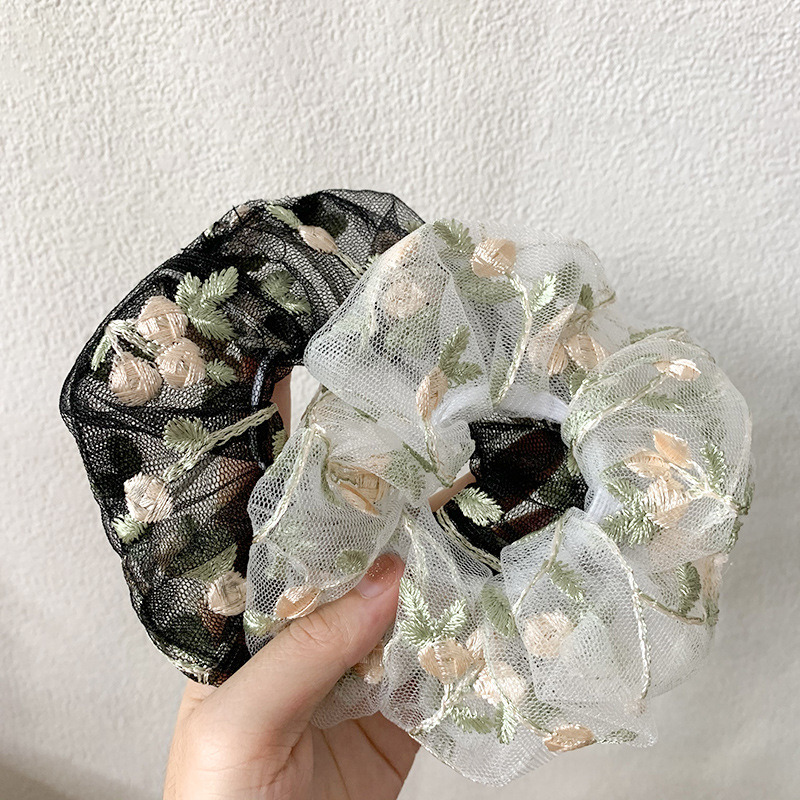 髮圈 韓式蕾絲花朵刺繡大腸圈 刺繡花朵發繩 網紗髮圈 大腸圈頭繩髮 飾品 生日禮物-細節圖3