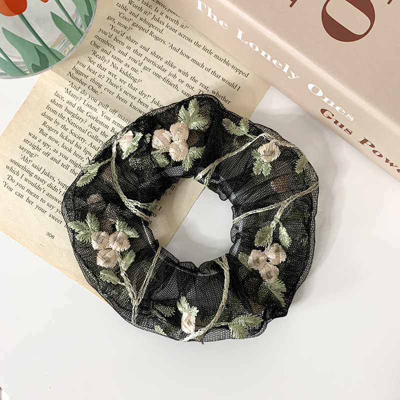 髮圈 韓式蕾絲花朵刺繡大腸圈 刺繡花朵發繩 網紗髮圈 大腸圈頭繩髮 飾品 生日禮物-規格圖3