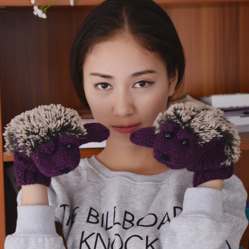 手套 冬季保暖 全指卡通刺猬手套 刺猬手套 手套 冬季手套 冬款女生連指手套-細節圖5