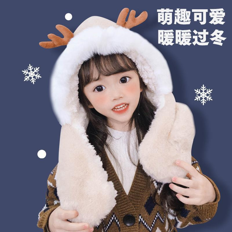 毛絨帽 冬季加絨加厚鹿角寶寶帽子 帽子 防風帽子 一體帽 鹿角帽 聖誕毛絨帽 生日禮物-細節圖5