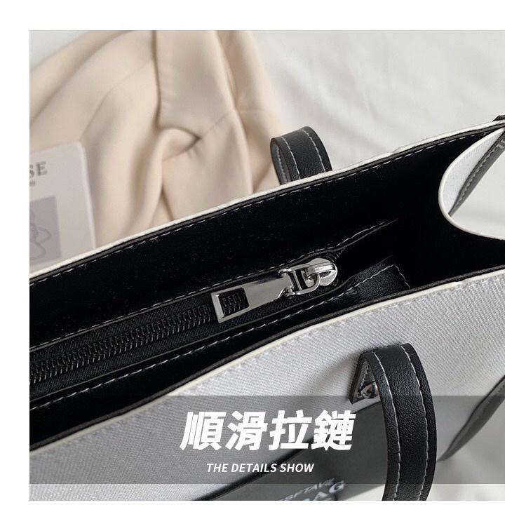 [現貨在台] 字母帆布皮革拼接單肩包 肩背包 學生包 休閒包 休閒百搭 4色可選-細節圖3