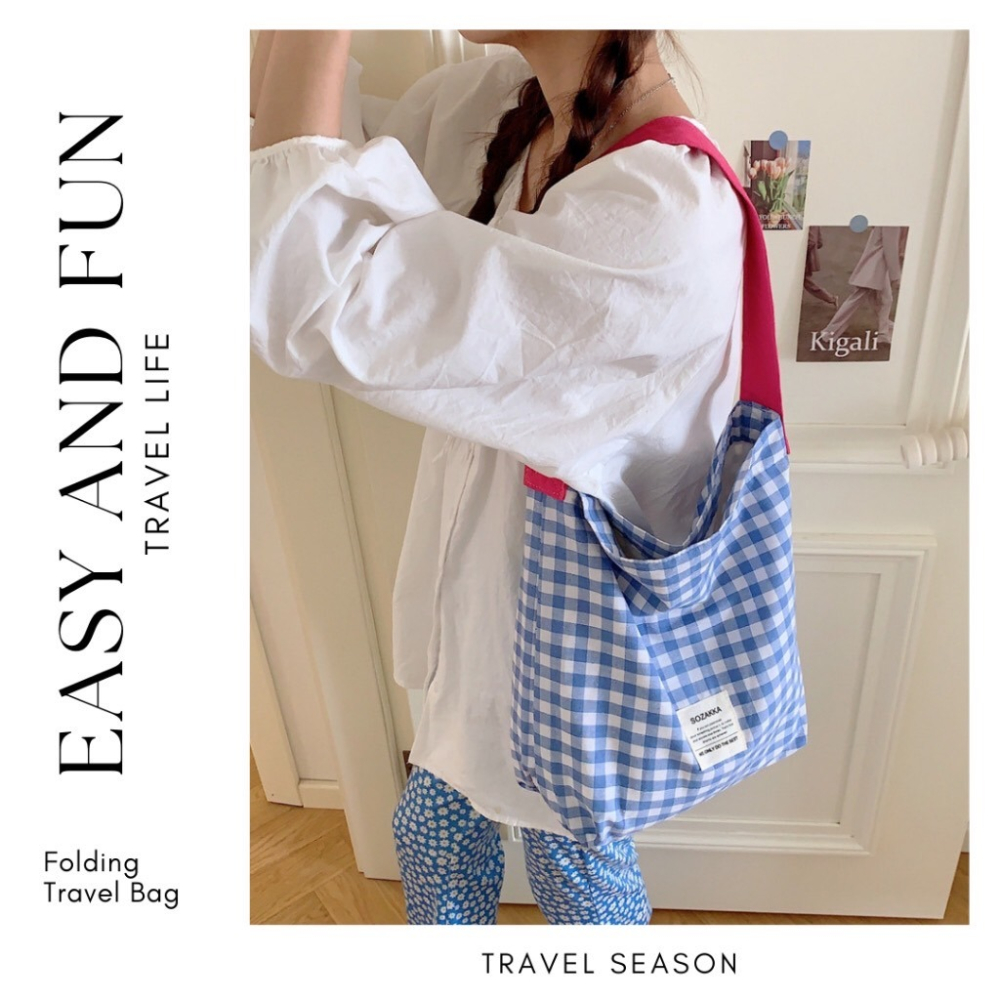 撞色背帶格紋肩背布包 4色可選-細節圖2