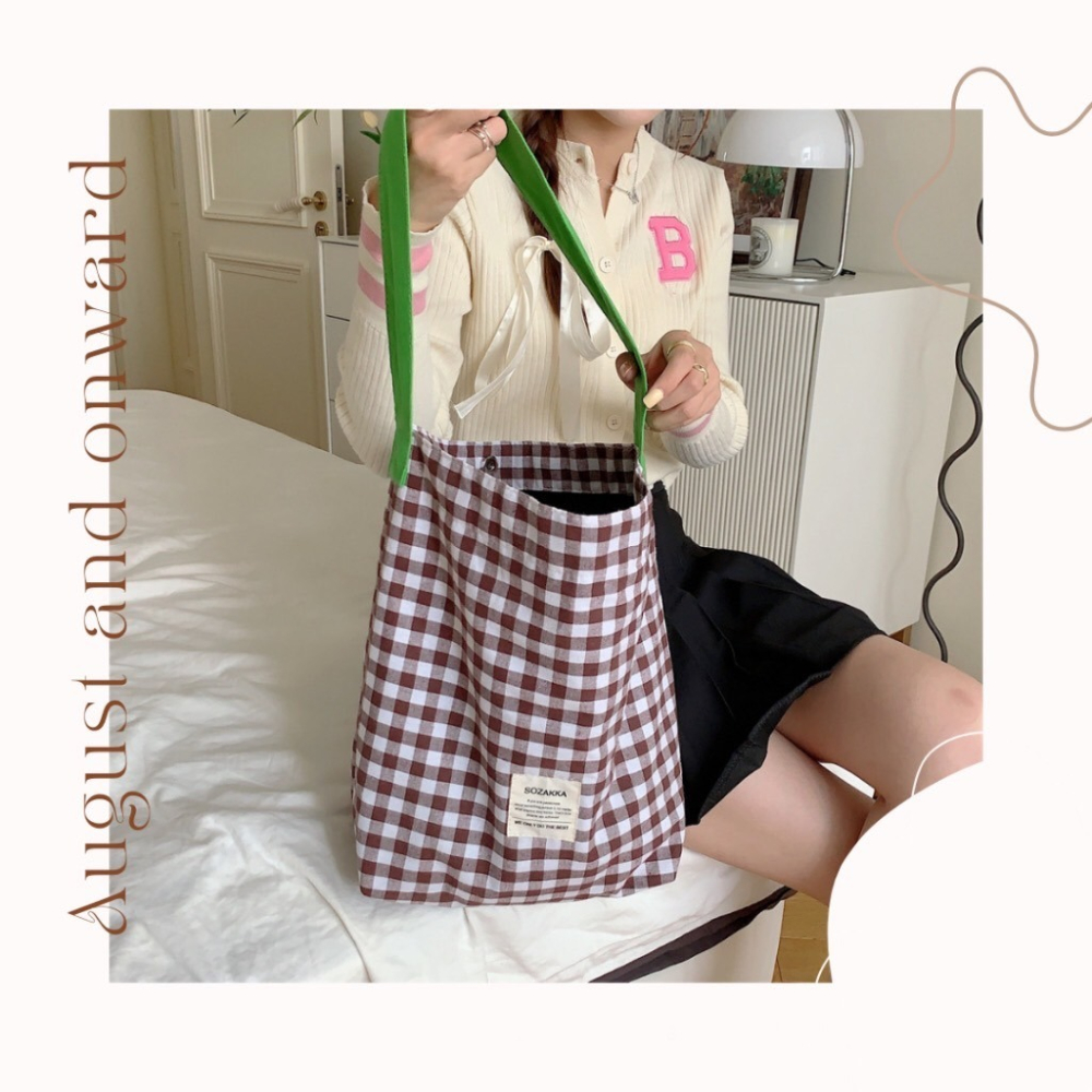 撞色背帶格紋肩背布包 4色可選-細節圖3