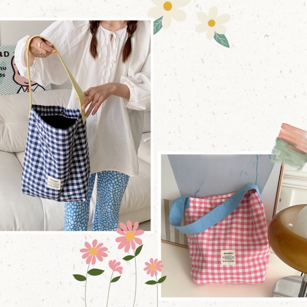 撞色背帶格紋肩背布包 4色可選-細節圖5