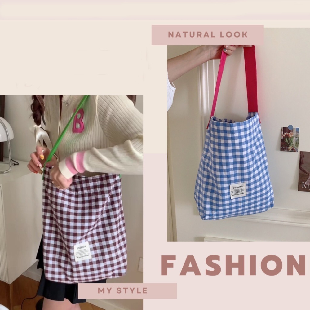 撞色背帶格紋肩背布包 4色可選-細節圖6