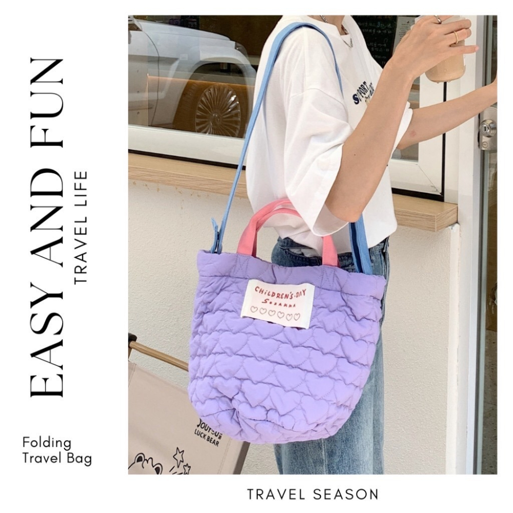 愛心壓紋鋪棉手提斜跨包 側背包 馬卡龍色 手提袋 購物袋 6色可選-細節圖2