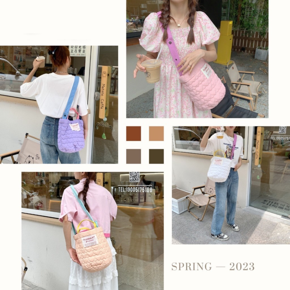 愛心壓紋鋪棉手提斜跨包 側背包 馬卡龍色 手提袋 購物袋 6色可選-細節圖4