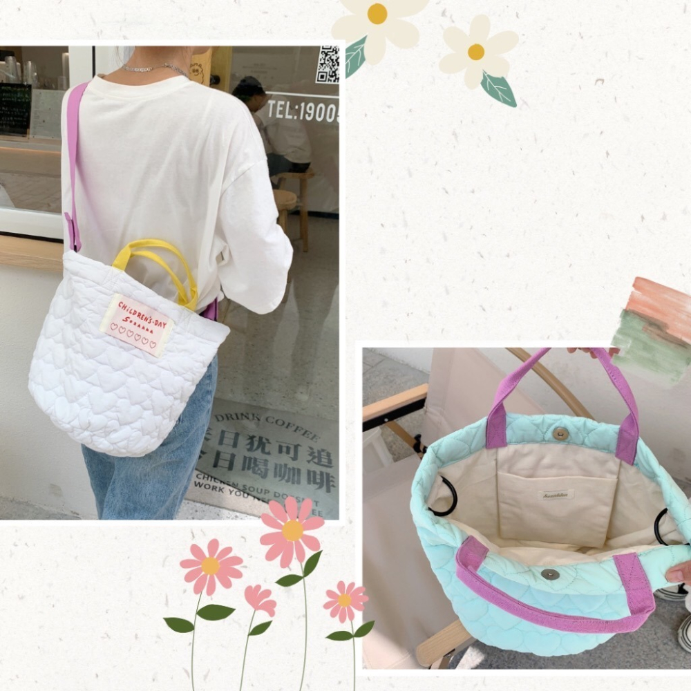 愛心壓紋鋪棉手提斜跨包 側背包 馬卡龍色 手提袋 購物袋 6色可選-細節圖5