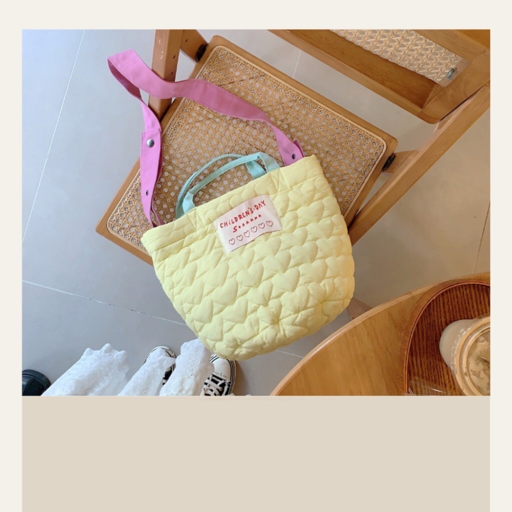 愛心壓紋鋪棉手提斜跨包 側背包 馬卡龍色 手提袋 購物袋 6色可選-細節圖6