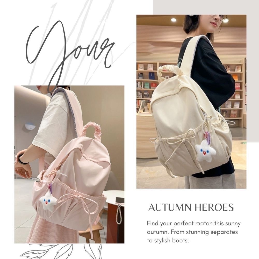 小清新蝴蝶結抽繩皺褶後背包 書包 媽媽包 4色可選-細節圖2