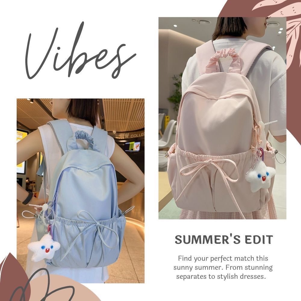 小清新蝴蝶結抽繩皺褶後背包 書包 媽媽包 4色可選-細節圖3