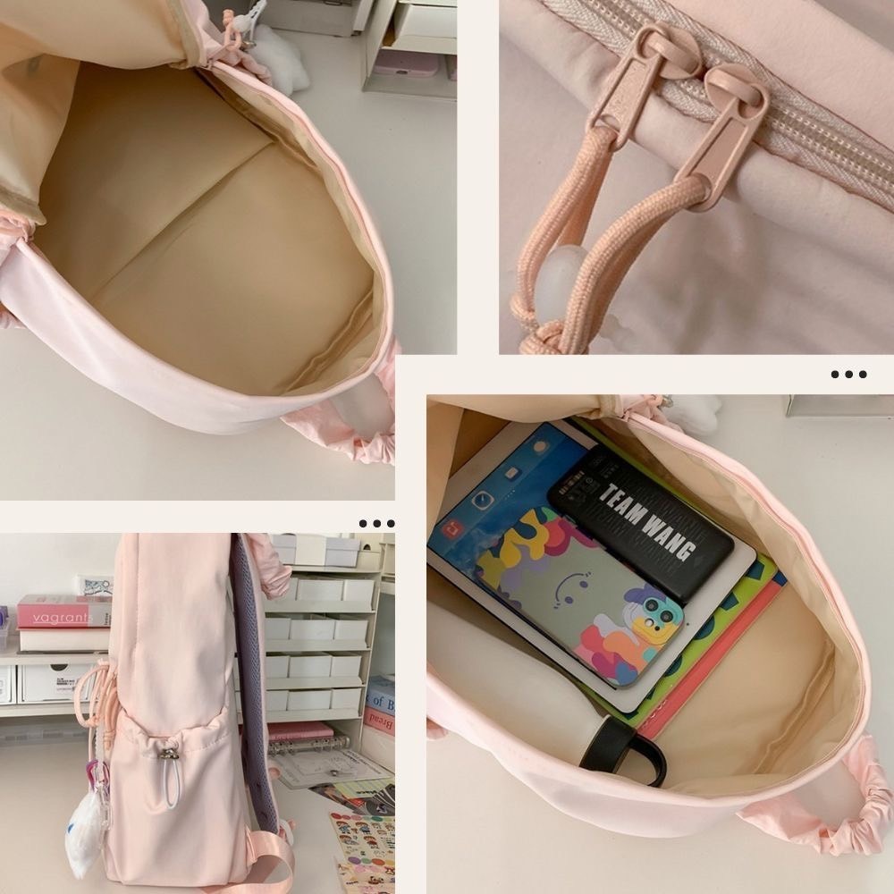 小清新蝴蝶結抽繩皺褶後背包 書包 媽媽包 4色可選-細節圖5