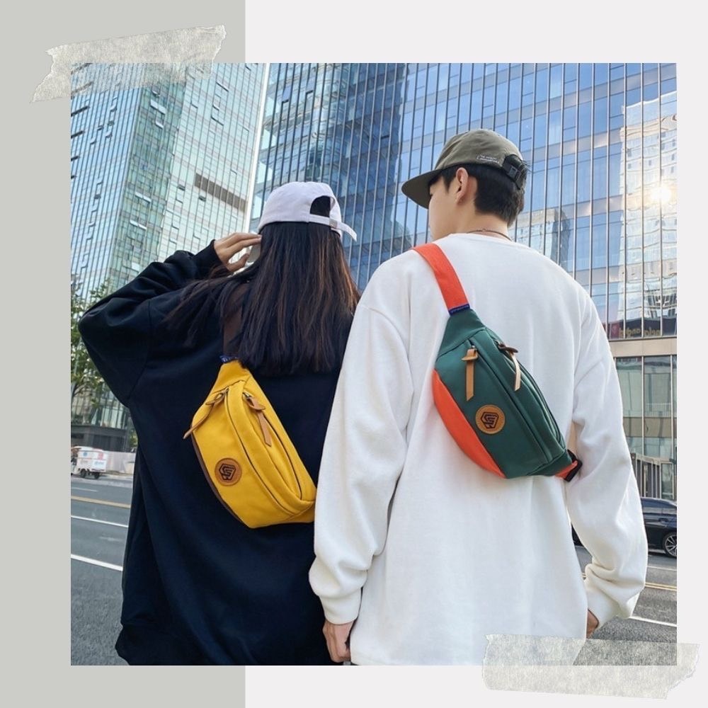 潮流皮標撞色個性斜跨胸包  胸包 側背包 腰包4色可選-細節圖5