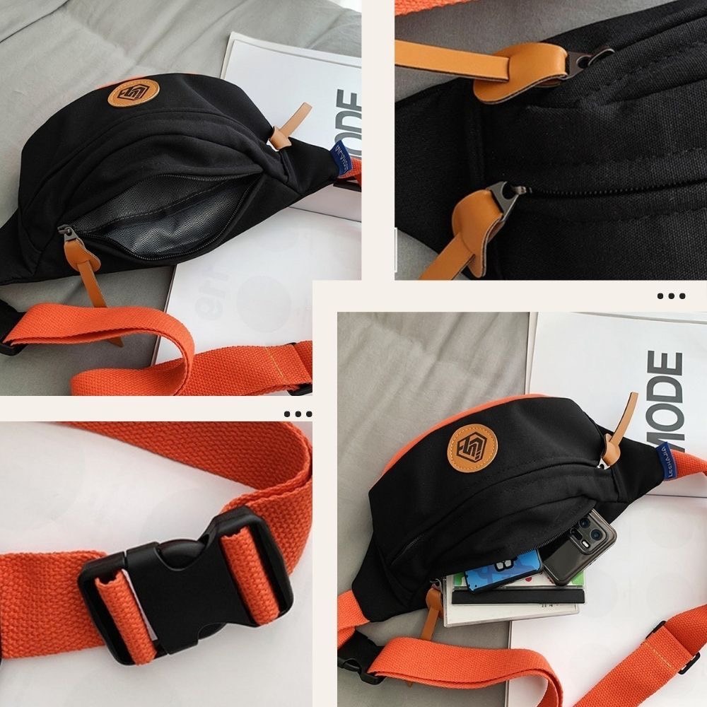 潮流皮標撞色個性斜跨胸包  胸包 側背包 腰包4色可選-細節圖7