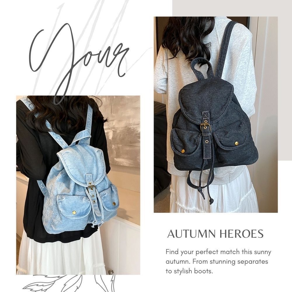 氣質束口皮帶扣造型牛仔後背包 口袋後背包 3色可選-細節圖2