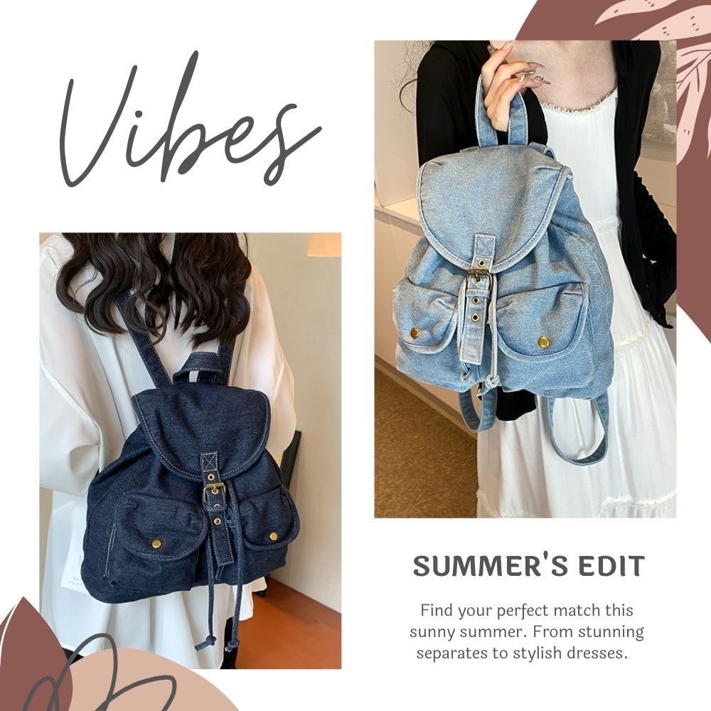 氣質束口皮帶扣造型牛仔後背包 口袋後背包 3色可選-細節圖3