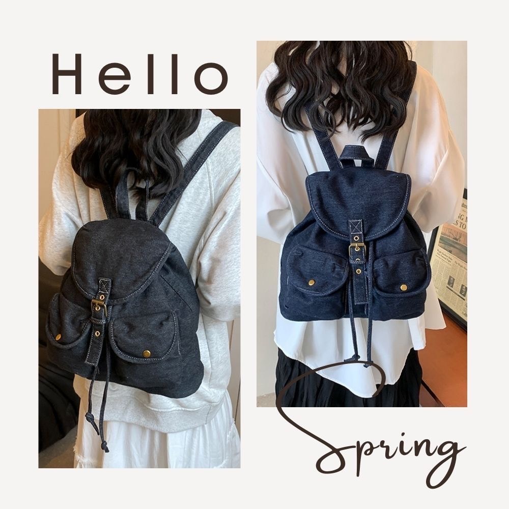氣質束口皮帶扣造型牛仔後背包 口袋後背包 3色可選-細節圖4