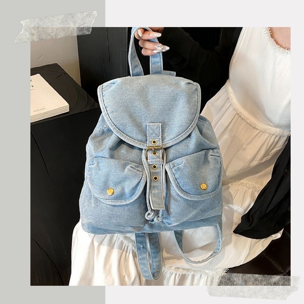 氣質束口皮帶扣造型牛仔後背包 口袋後背包 3色可選-細節圖5