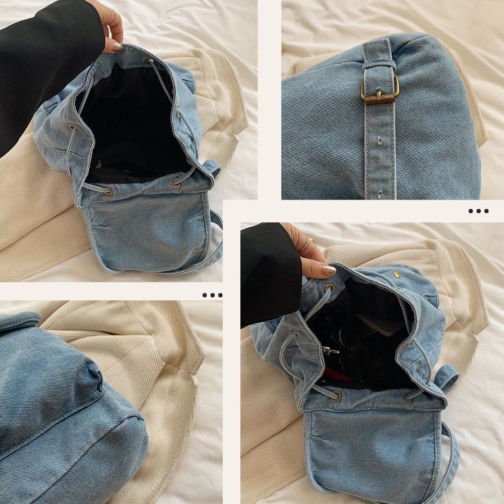 氣質束口皮帶扣造型牛仔後背包 口袋後背包 3色可選-細節圖6