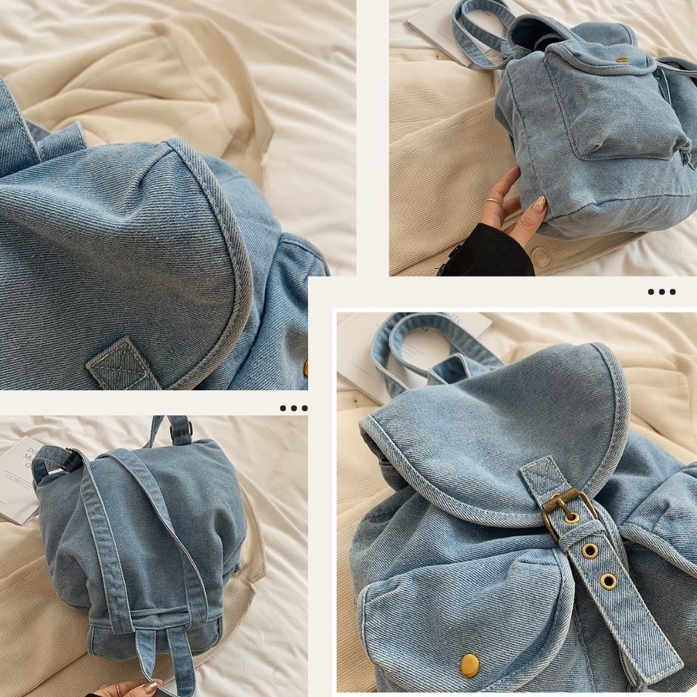 氣質束口皮帶扣造型牛仔後背包 口袋後背包 3色可選-細節圖7