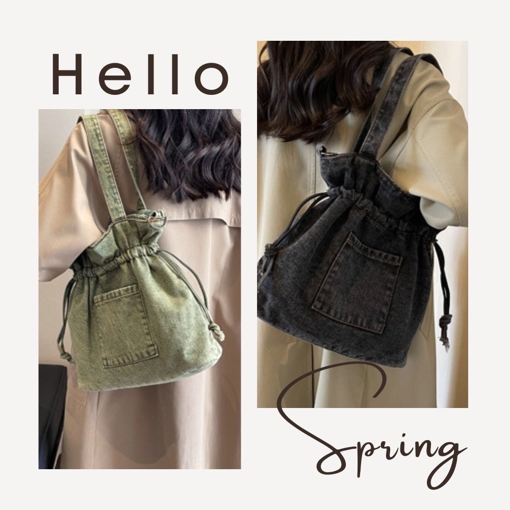 軟牛仔布斜跨束口水桶包 肩背包 側背包 4色可選-細節圖4