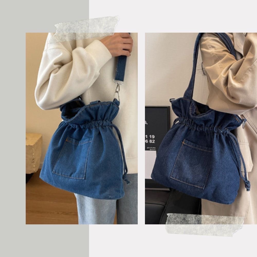 軟牛仔布斜跨束口水桶包 肩背包 側背包 4色可選-細節圖5