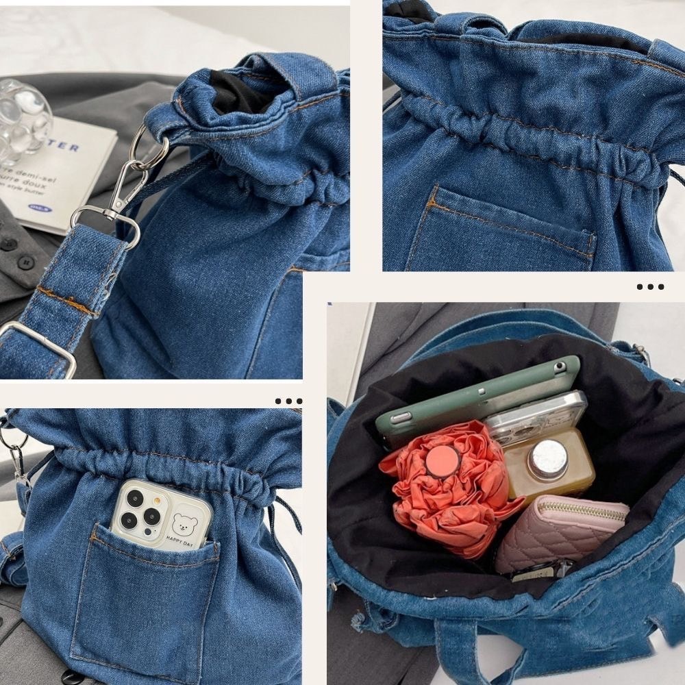 軟牛仔布斜跨束口水桶包 肩背包 側背包 4色可選-細節圖6