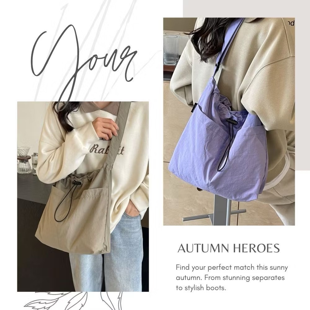 休閒輕尼龍質感束繩斜跨包 無印風 購物袋 肩背包 斜背包 4色可選-細節圖2