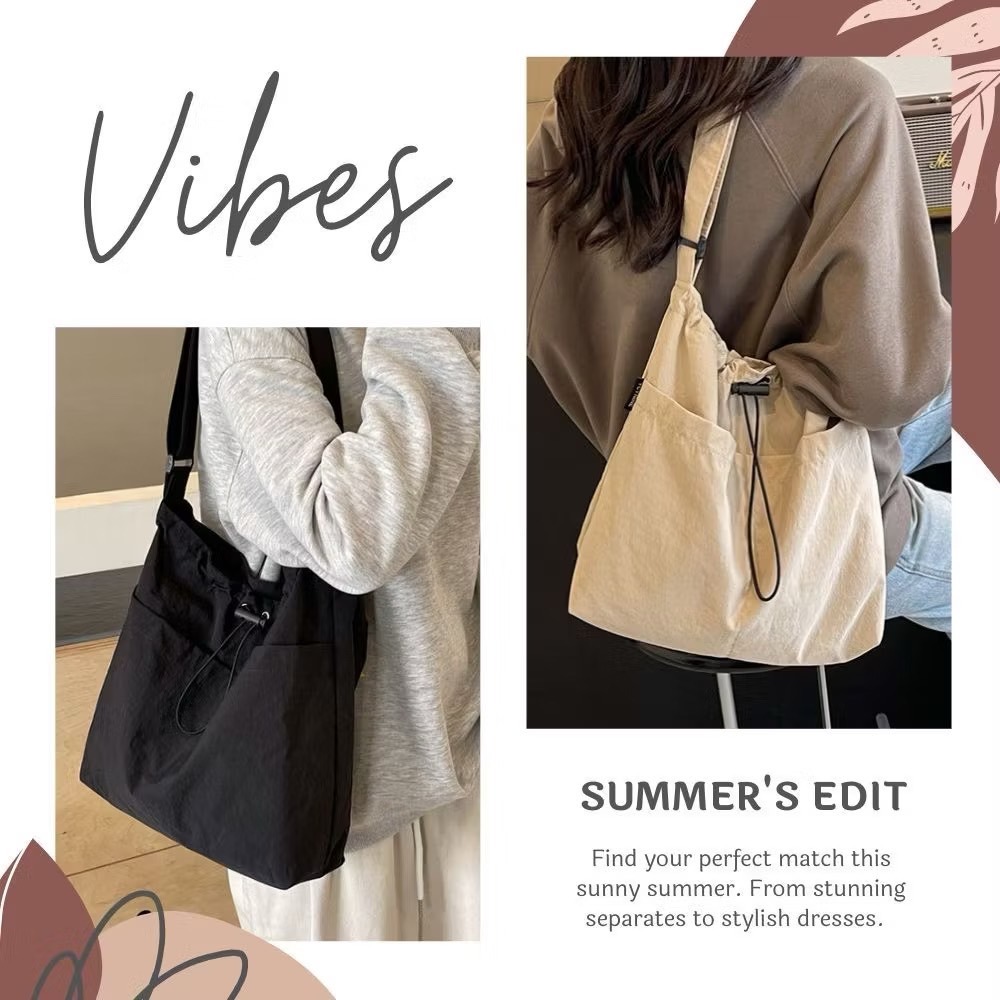 休閒輕尼龍質感束繩斜跨包 無印風 購物袋 肩背包 斜背包 4色可選-細節圖3