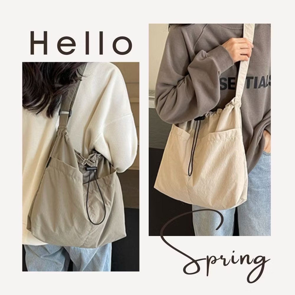 休閒輕尼龍質感束繩斜跨包 無印風 購物袋 肩背包 斜背包 4色可選-細節圖4