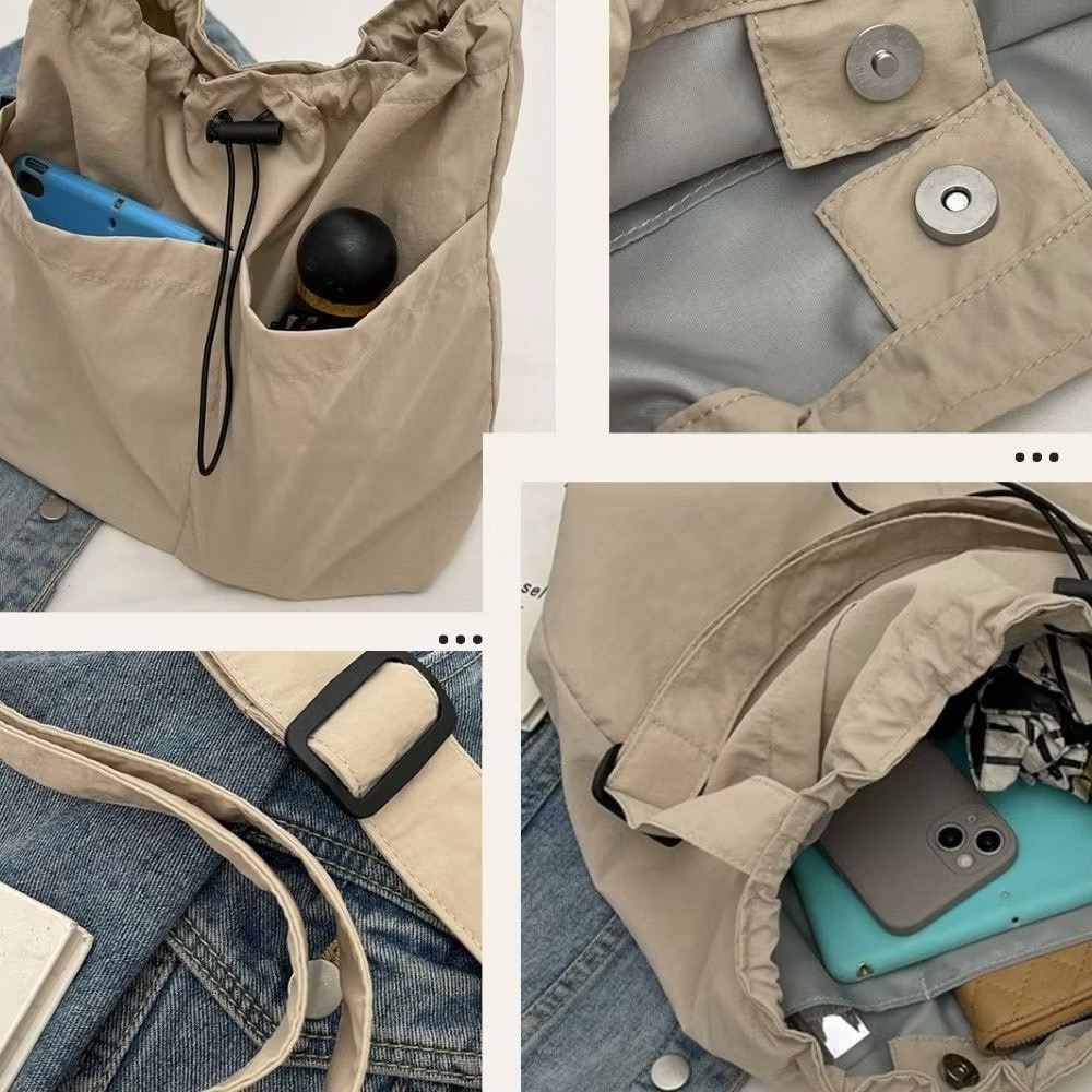 休閒輕尼龍質感束繩斜跨包 無印風 購物袋 肩背包 斜背包 4色可選-細節圖5