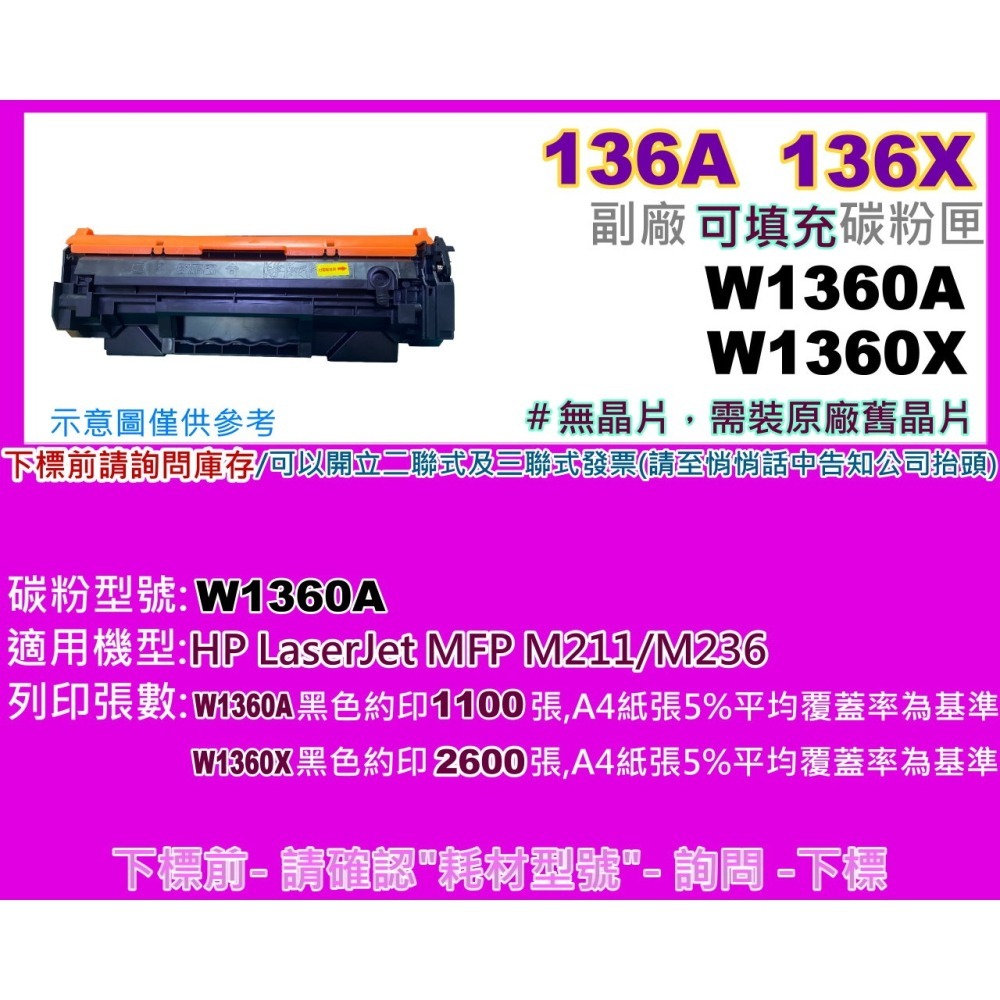 南部資訊【無晶片/136X/136A】M236sdw/M211dw可填式副廠匣W1360X/W1360A 需裝舊晶片-細節圖2