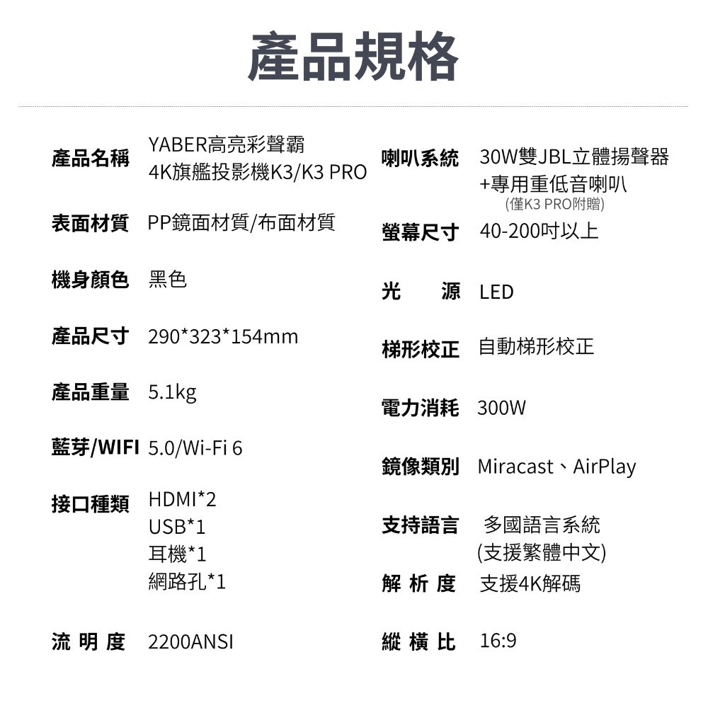 【會員優惠】Yaber🔥K3 Pro 高亮彩聲霸4K旗艦投影機｜自動對焦🔸智慧避障📢譽的生活美食舖📌25/12-規格圖10