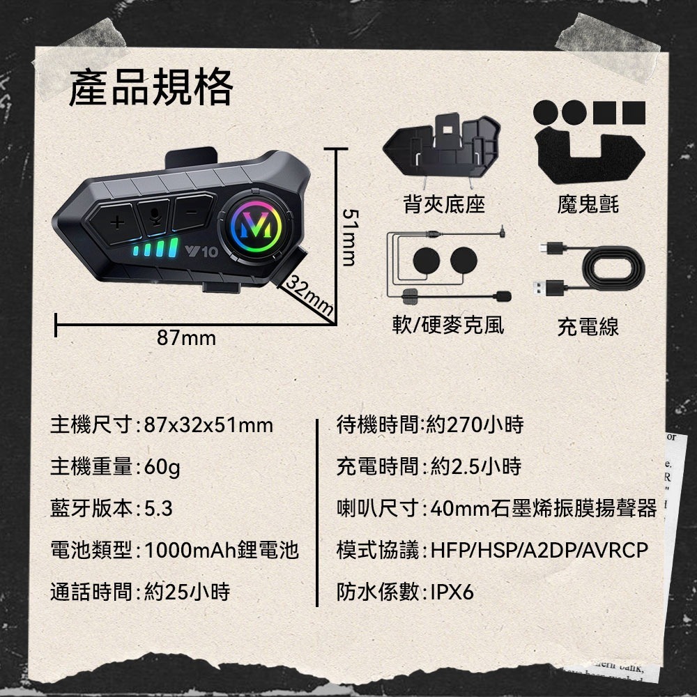 ✅Y10 安全帽藍牙耳機｜黑色