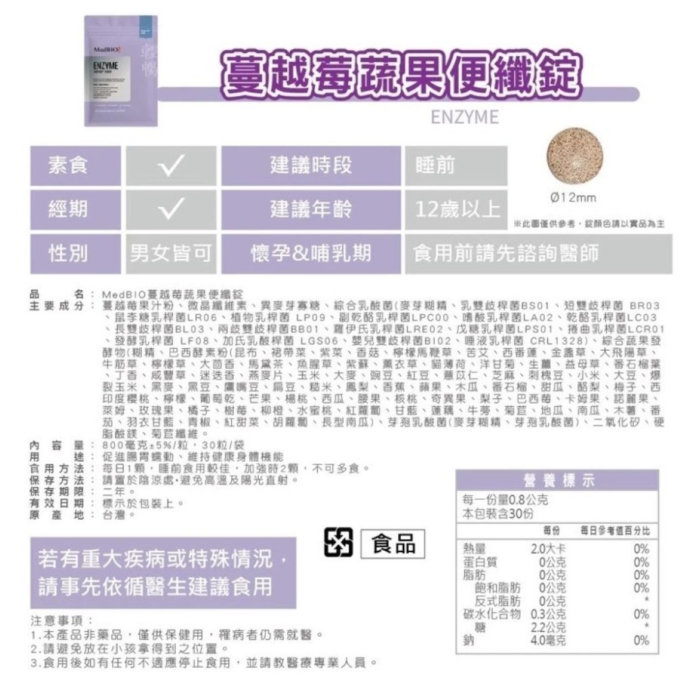 【會員優惠】MedBIO 美百優🔥蔓越莓蔬果便纖錠｜益生菌🔸綜合酵素🔸膳食纖維📢譽的生活美食舖📌25/12-規格圖6