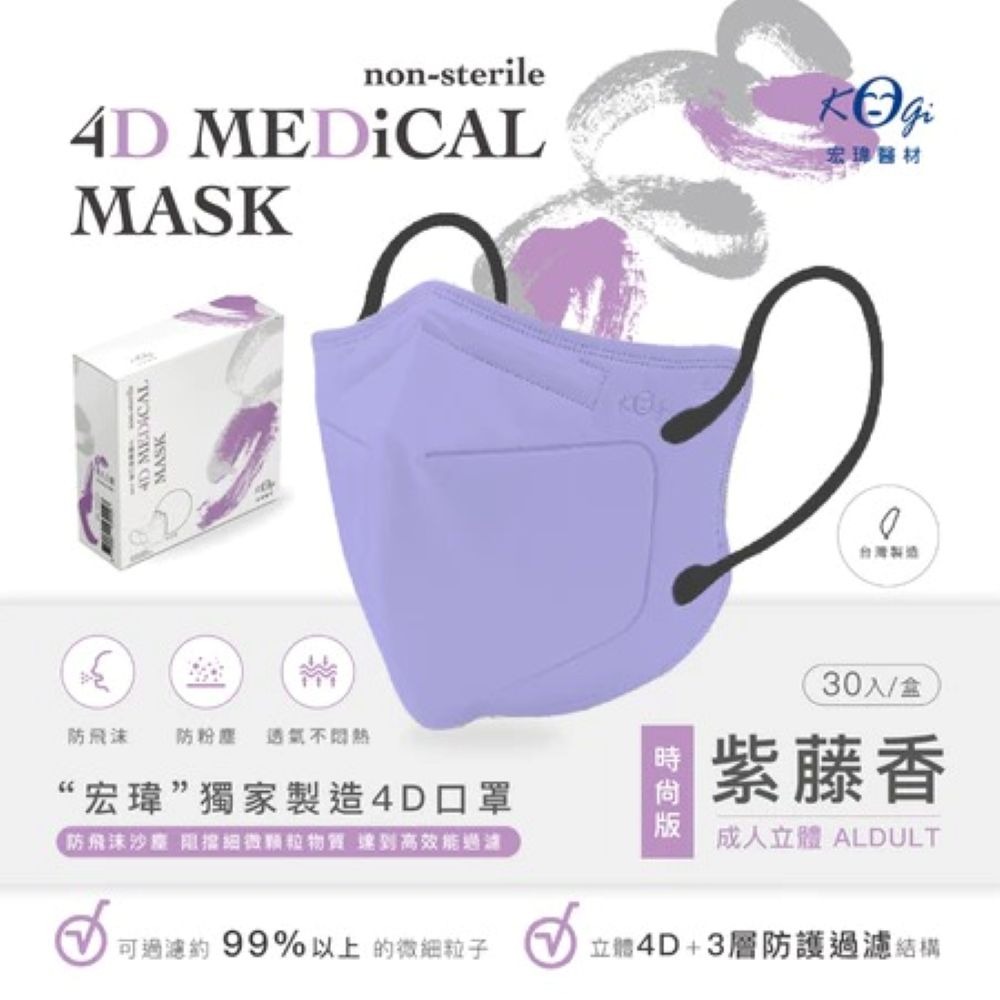 😷4D成人醫療口罩｜紫藤香｜30入