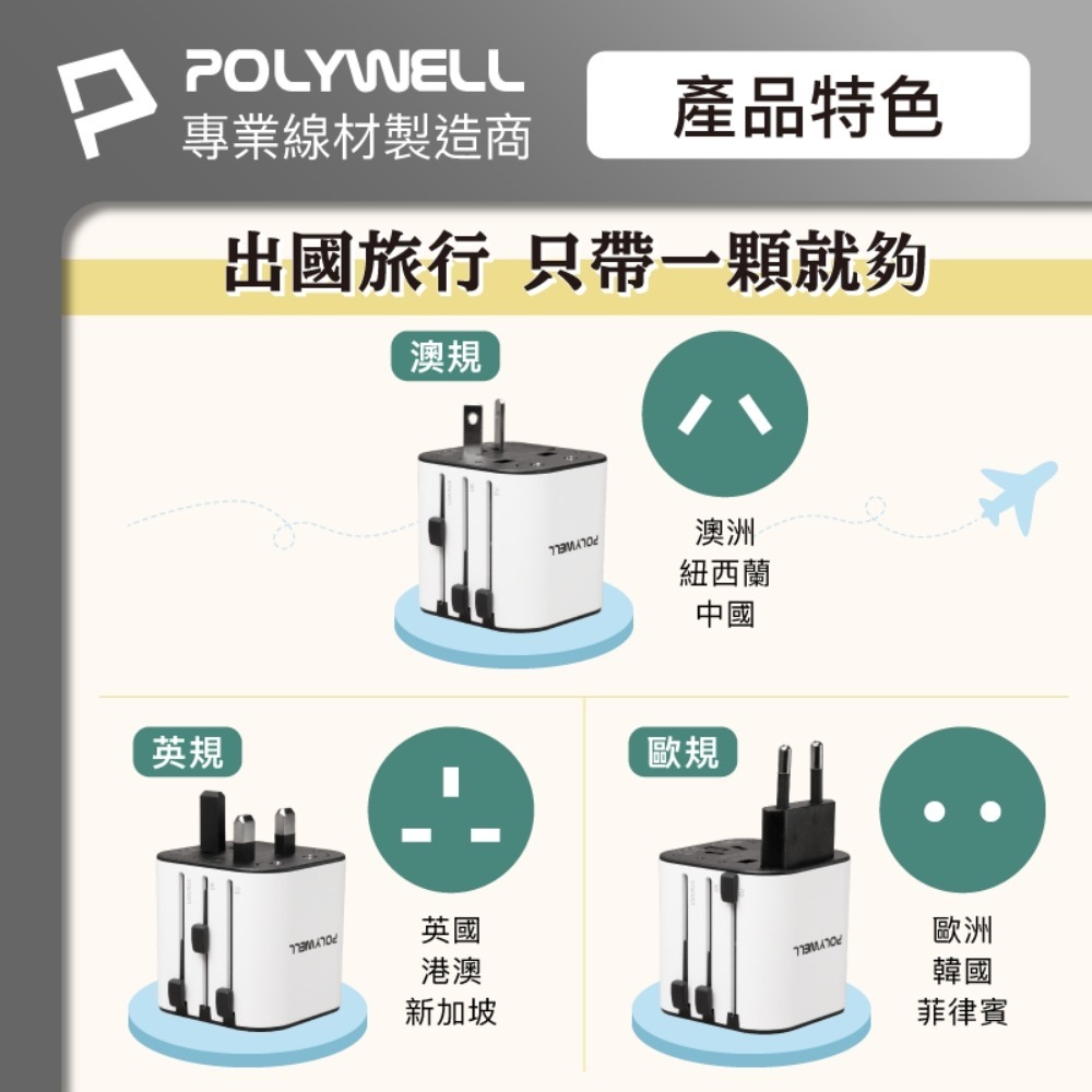 【會員優惠】POLYWELL🔥二合一多國旅行充電器｜澳規🔸英規🔸歐規🔸防火材質📢譽的生活美食舖📌25/12-細節圖3